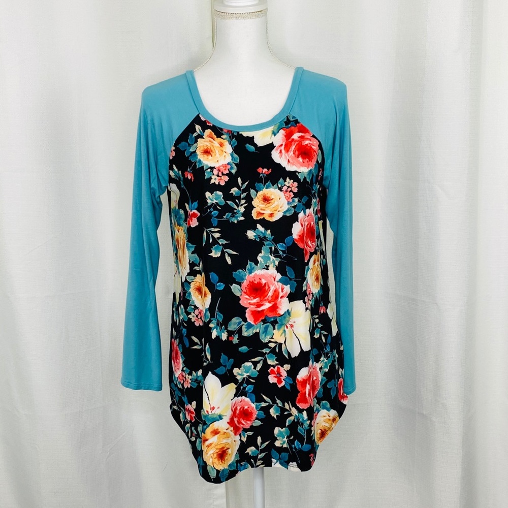 P.S. Kate Teal Sleeve Floral Print Raglan Tee
